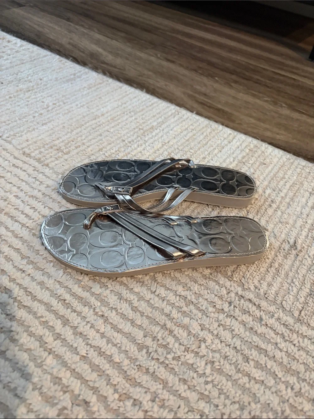 Coach Metallic Silver Logo Thong Sandals